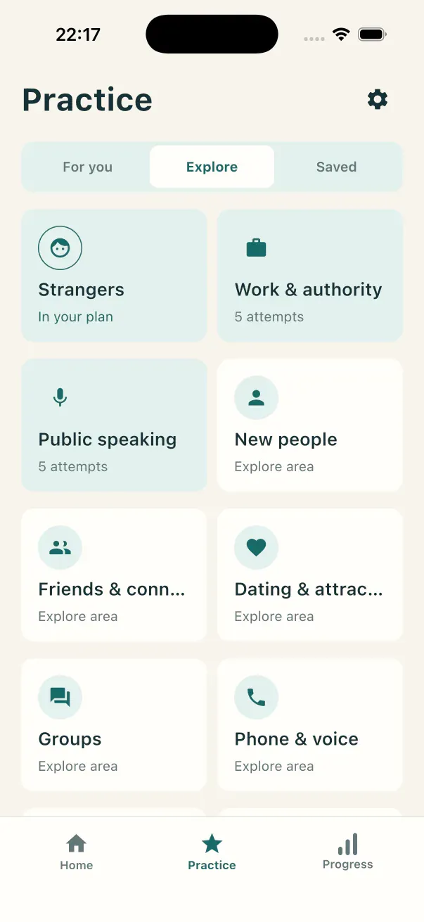Talkitude Explore screen showing social practice categories.