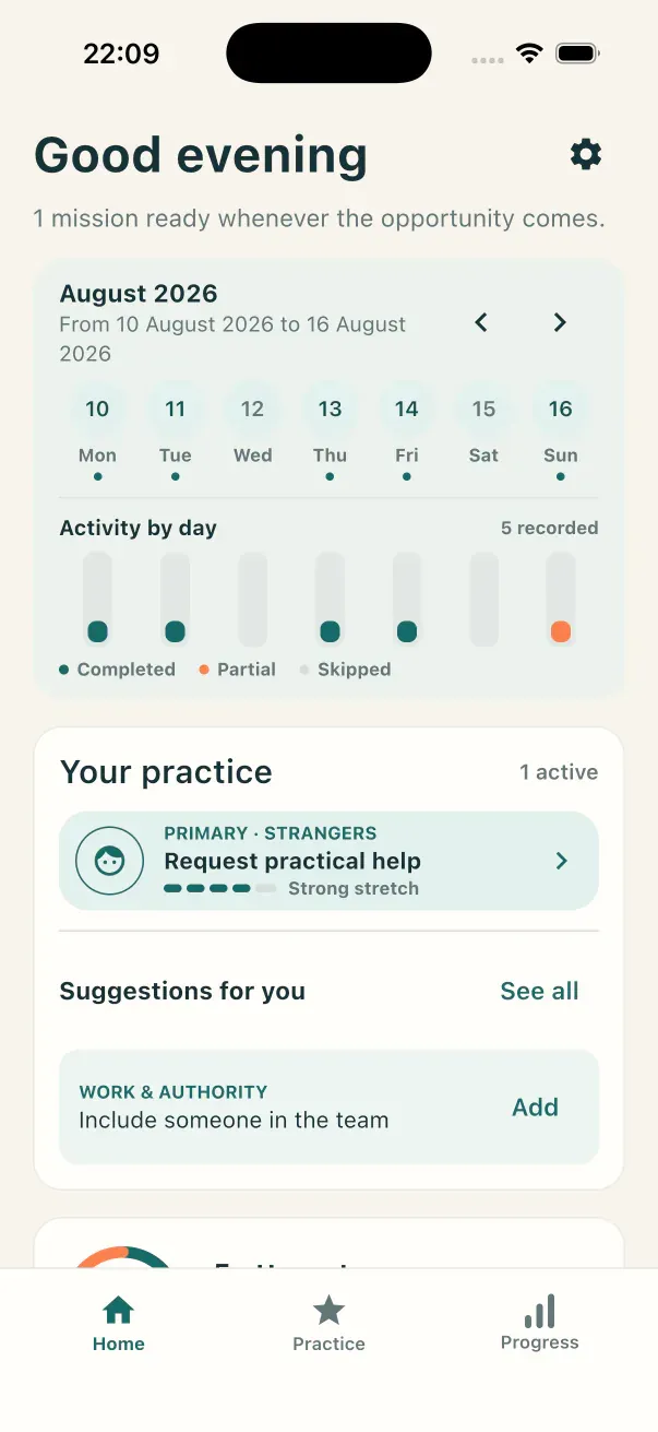 Talkitude home screen showing weekly activity, the current mission, and a suggestion.