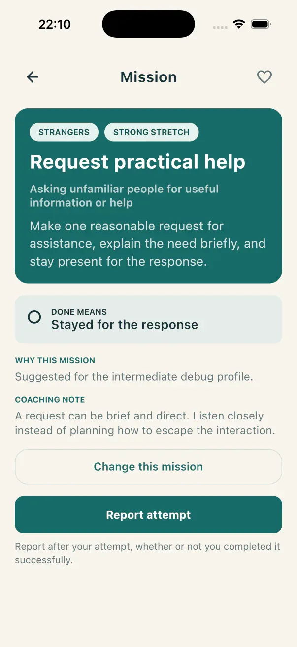 Talkitude mission screen showing a Request practical help challenge.