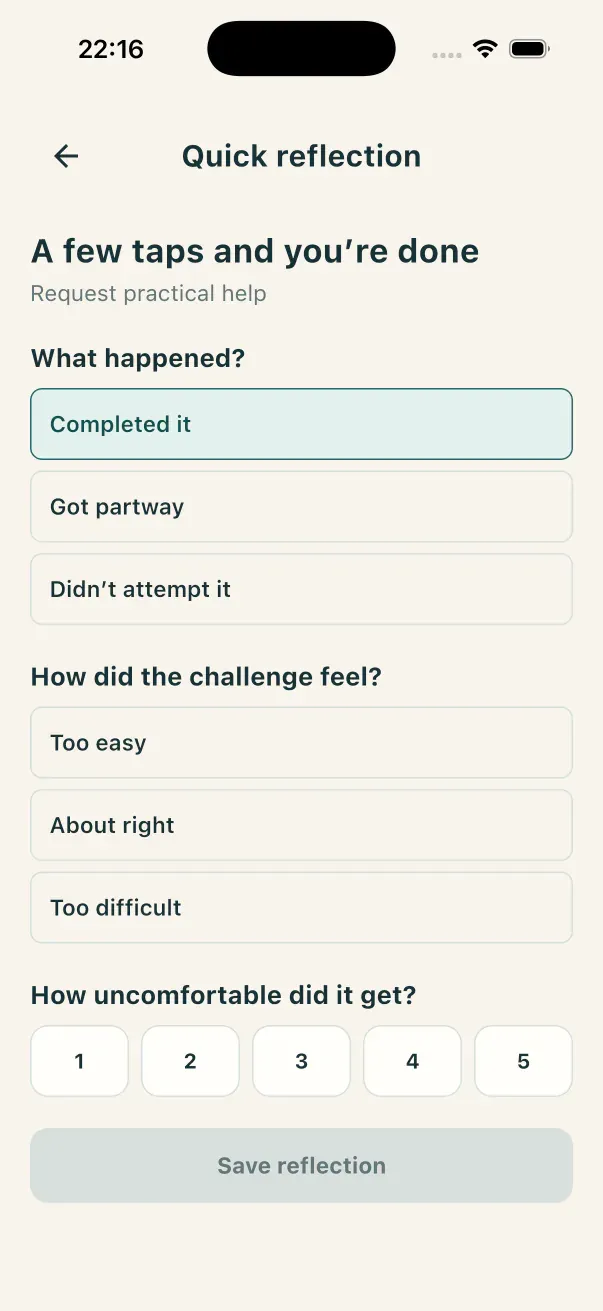 Talkitude reflection screen with completed, partway, and did not attempt choices.